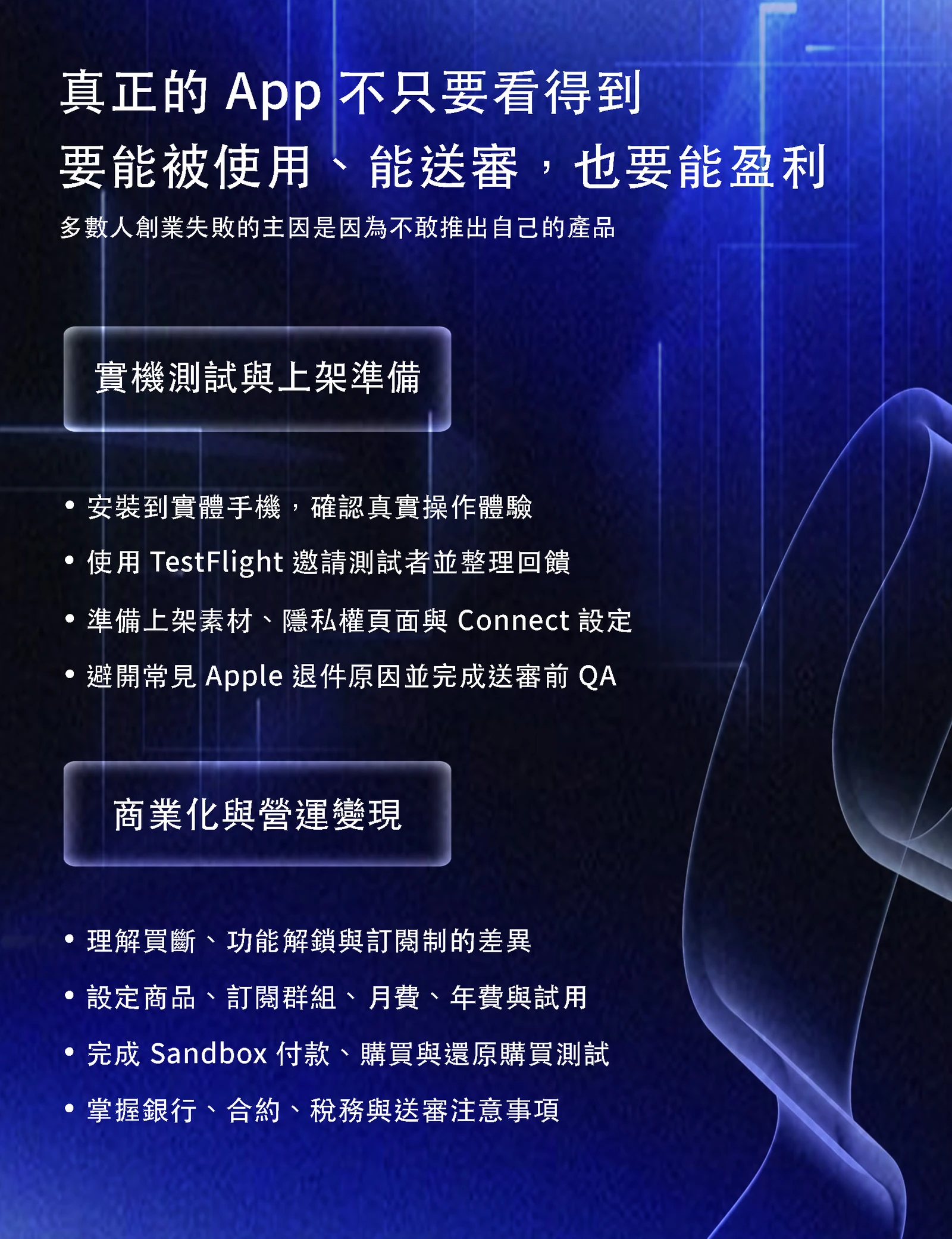 把 App 做到能被使用、能送審、也能盈利：實機測試、TestFlight、App Store 素材、隱私權、IAP、訂閱、Sandbox 與稅務設定。