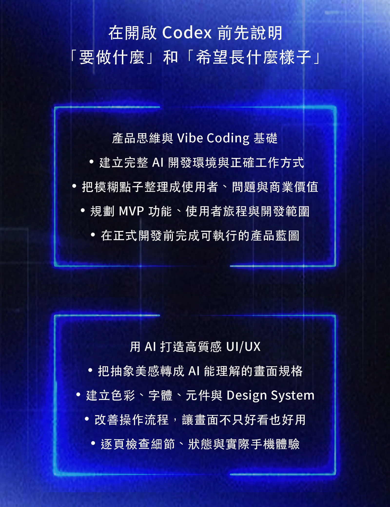 在開啟 Codex 前先完成產品藍圖與 UI UX 規格：把模糊點子整理成問題、商業價值、MVP、使用者旅程與 Design System。